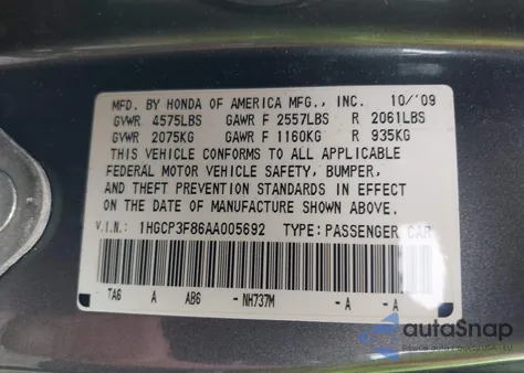 2010 Honda Accord 3.5 Ex-L from USA, damaged, VIN 1HGCP3F86AA005692